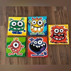 Set of five 12x12 cute monster canvas paintings